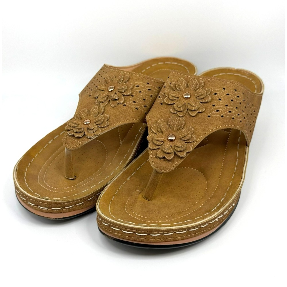 Womens US 11 EU 42 Tan Floral Thong Sandals Comfort Wedge Boho